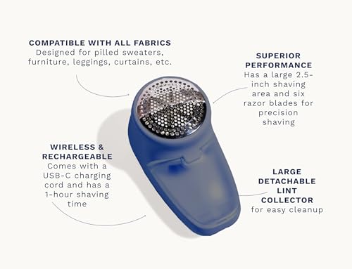 Nori Trim Fabric Shaver - Lint Remover for Clothes & Furniture Couch Pilling - Sweater Pill Remover - Clothes Shaver with 6 Precision Blades - Wireless and Rechargeable - Navy - Image 3
