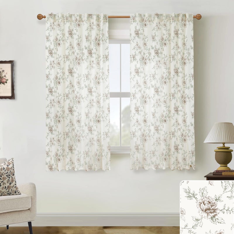 Lino Rosa Brown Vintage Floral Farmhouse Curtains, Antique Linen Romantic Country Cottage Curtains for Living Room Bedroom, 50 Wide x 63 Inch Length, Taupe and Beige - Image 2