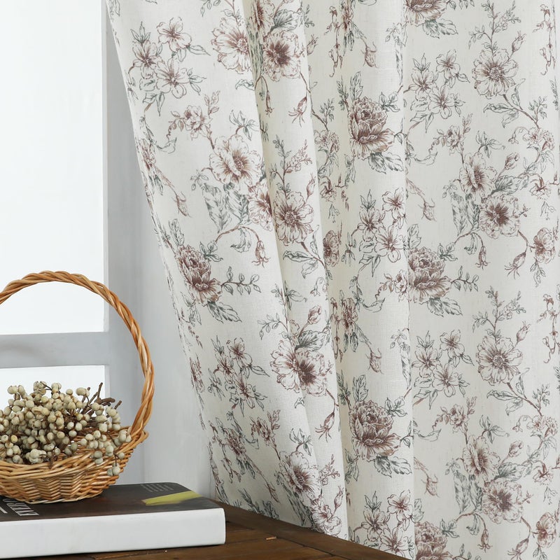 Lino Rosa Brown Vintage Floral Farmhouse Curtains, Antique Linen Romantic Country Cottage Curtains for Living Room Bedroom, 50 Wide x 63 Inch Length, Taupe and Beige - Image 1