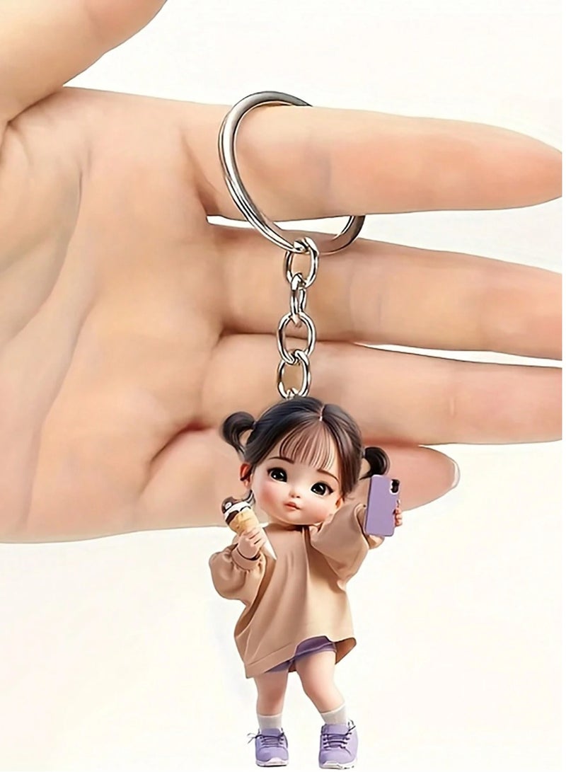 Keychain with Cute Girl Design Holding Ice Cream and Phone – Accessory for Cars and Bags - Image 1