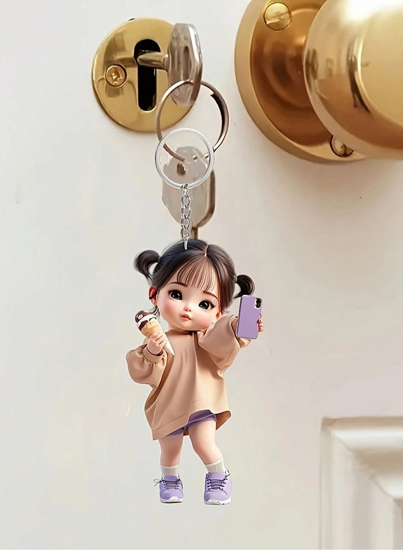 Keychain with Cute Girl Design Holding Ice Cream and Phone – Accessory for Cars and Bags - Image 2