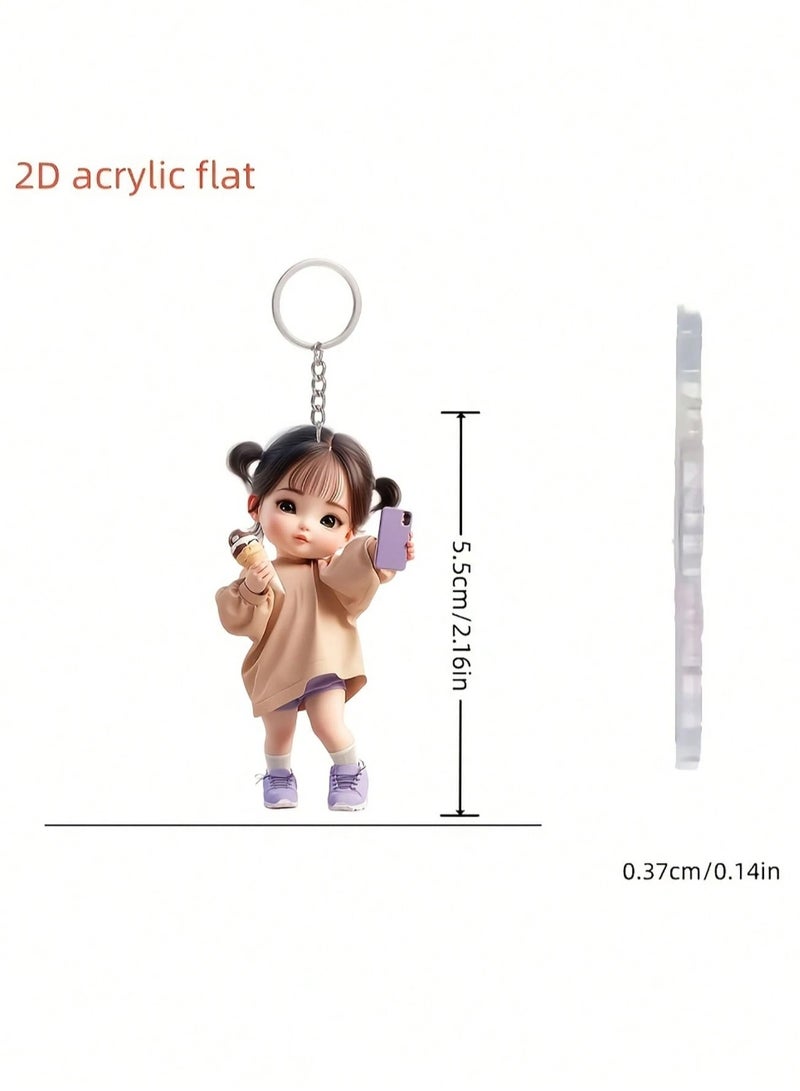 Keychain with Cute Girl Design Holding Ice Cream and Phone – Accessory for Cars and Bags - Image 4