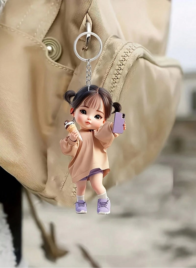 Keychain with Cute Girl Design Holding Ice Cream and Phone – Accessory for Cars and Bags - Image 3