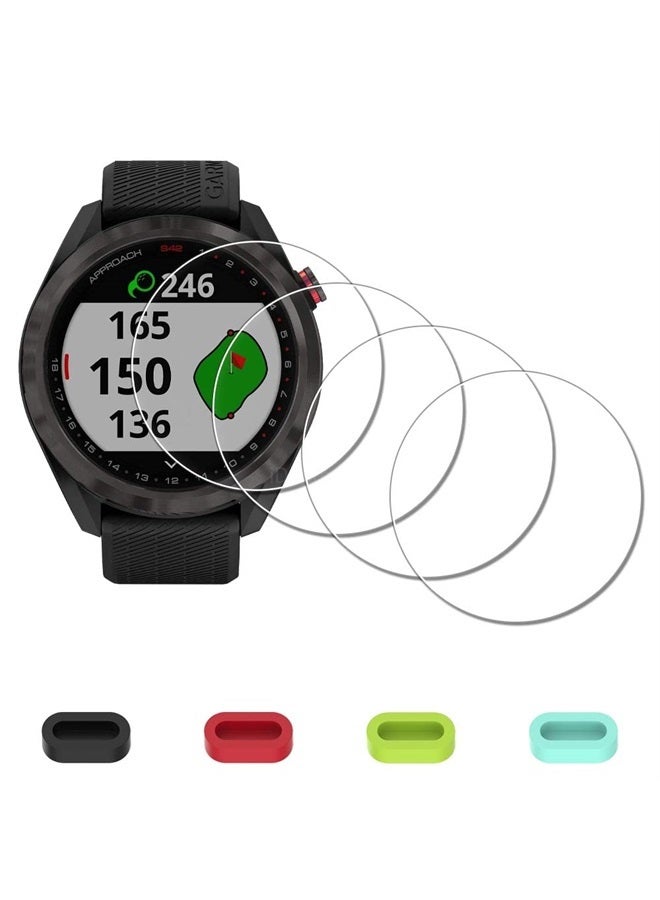 iDaPro Screen Protector for Garmin Approach S42 Premium GPS Golf Watch + Silicone Anti-dust Plugs [4 Pack] Tempered Glass Anti-Scratch Bubble-Free Easy Installation - Image 1