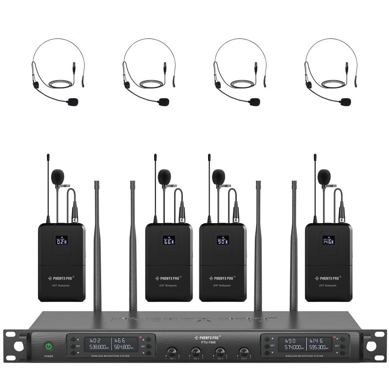 Phenyx Pro 4Channel Wireless Microphone System UHF Auto Scan Cordless Mic Set 4 Bodypacks wHeadsetsLapel Mics 4x40 Frequencies 328ft Coverage Mic for Church DJ Meeting PTU70004B
