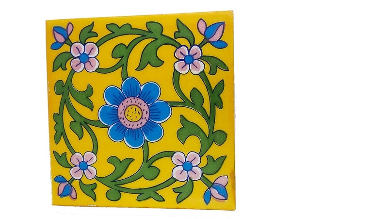 Shiv Kripa Blue Pottery Shiv Kripa Blue Pottery Home Decorative Ceramic Wall Hanging Tile Design Flooring Tiles Floral Kitchen Washroom Mosaic Furniture Tile Handmade Backsplash 6 x 6 Inches Tile 6 X 6 Inch Tile Yellow 