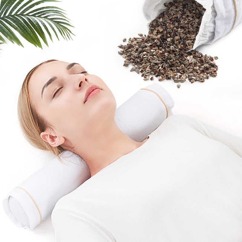 BEAN DELUXE وسادة باكين ديلوكس من الحنطة السوداء قابلة للتعديل صلبة من القطن العضوي وسادة دعم للرقبة لتخفيف الألم للنوم دائري أبيض 3 × 16