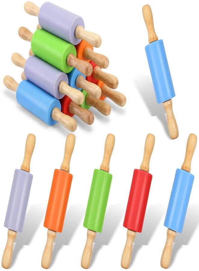Tobeelec 10 Pcs Small Rolling Pin Kids 9 Inch Mini Rolling Pin Silicone Wooden Cooking Pins Baking 5 Colors Non Stick with Wooden Handle for Christmas Kitchen Dough Cookie Pastry Fondant Cake, Christmas Gifts - Image 1
