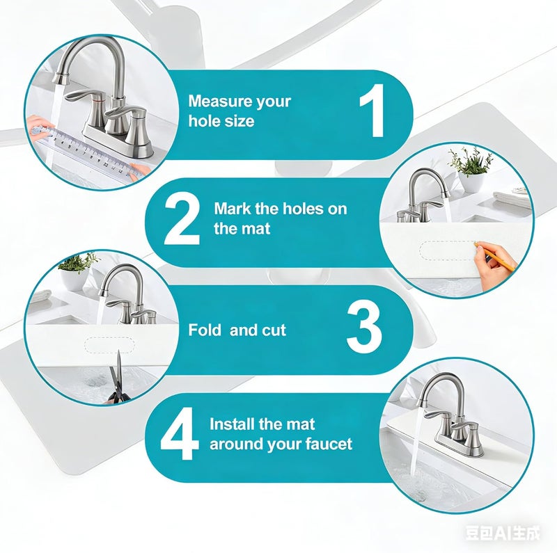 EazziSwitch Customizable Faucet Mat for Kitchen Sink: 30"L x 5.5"W DIY Irregular Bathroom Counter Protector - Cut to Fit with 2 or 3 Hole & Oval Rectangle Square Faucet Design - Extra Long Absorbent Splash Guard - Image 3