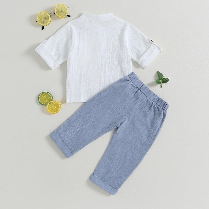 Karuedoo Toddler Baby Boy Clothes Cotton Linen Henley Shirts Button Down Long Sleeve Shirts Casual Pants Set (A-White Blue, 3-4 Years) - Image 3