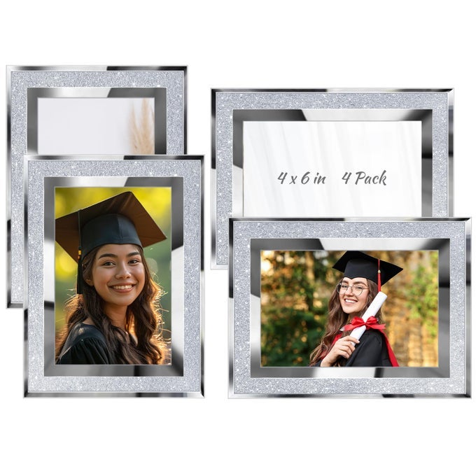 4 PACK GLITTER GRADUATE PICTURE FRAME 4 X 6 INCH CRYSTAL BLING MIRROR PICTURE FRAME WALL DECOR FOR GRADUATION WEDDING HOME TABLE SILVER
