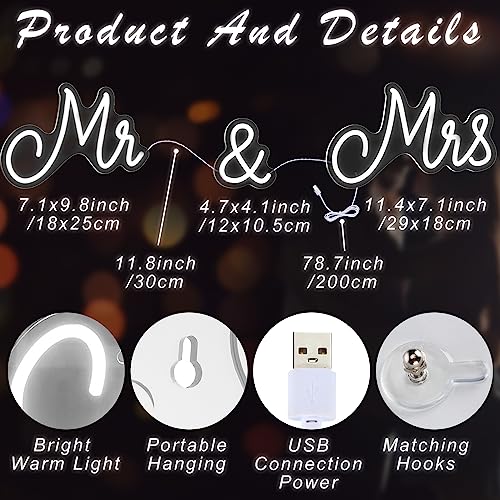 Kittmip Mr and Mrs Neon Sign for Wedding 25 x 7 Inches Neon Light LED Backdrop Wall Decor USB Wedding Reception Decoration Gifts for Anniversary Engagement Banquet(Cold White) - Image 2