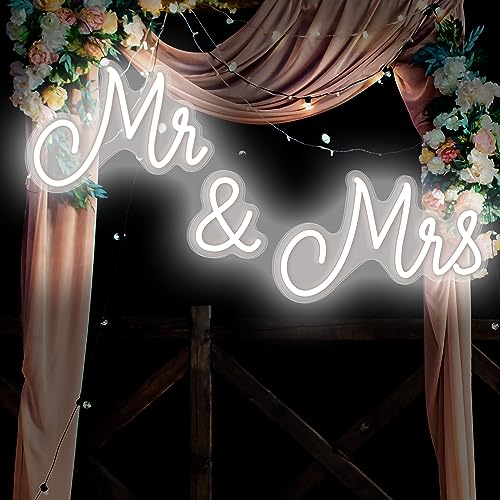 Kittmip Mr and Mrs Neon Sign for Wedding 25 x 7 Inches Neon Light LED Backdrop Wall Decor USB Wedding Reception Decoration Gifts for Anniversary Engagement Banquet(Cold White) - Image 1