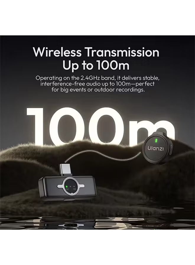 Ulanzi A21 Mini Wireless Button Microphone with AI Noise Reduction, 360° Pickup, 100m Transmission, Reverb Effect & One-to-Two Recording – Lightweight Clip-On Mic - Image 4