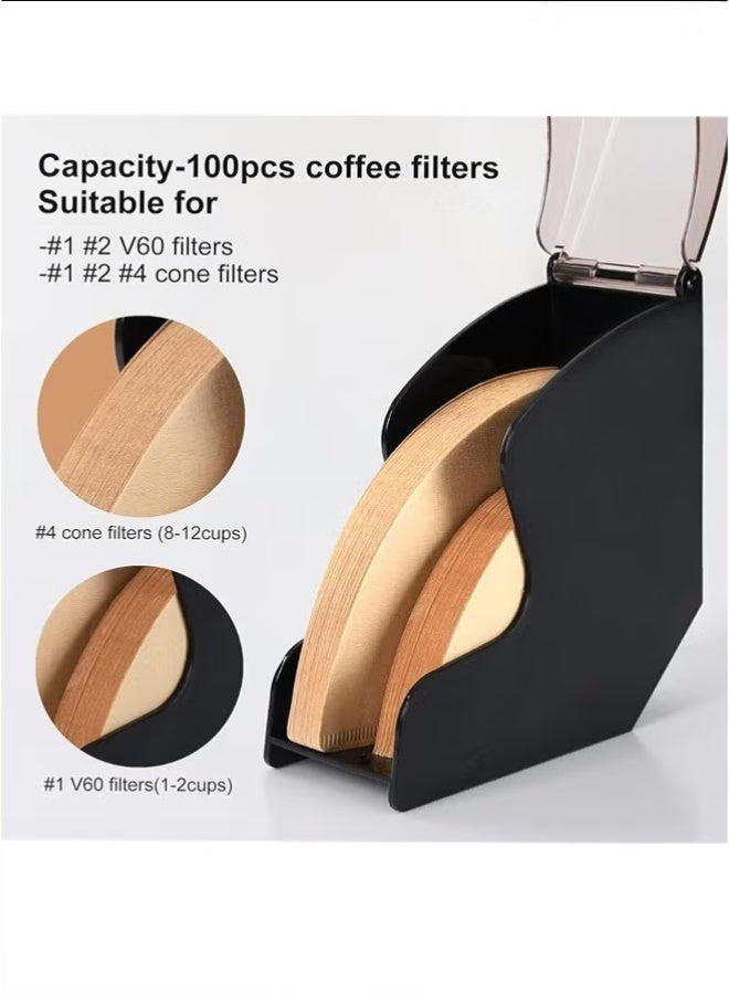 Coffee Filter Holder, 1 Pack Coffee Filter Paper Holder Cone Coffee Filter Paper Holder with Dustproof Cover, Storage Capacity of 100pcs Coffee Filter Paper (Black) - Image 2