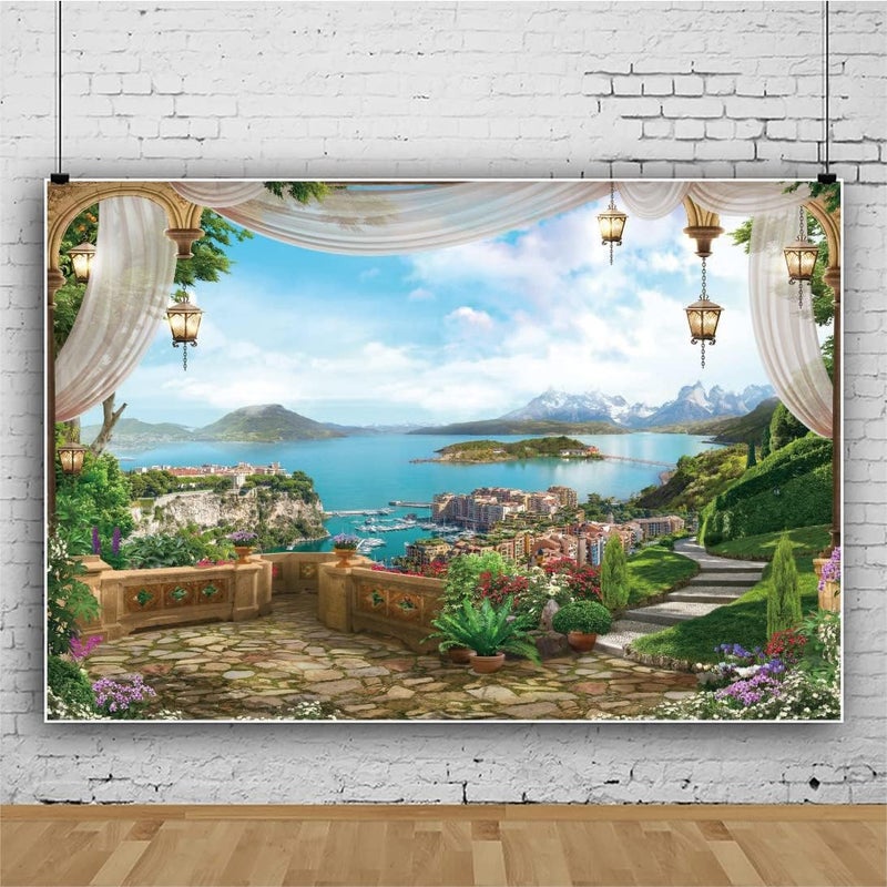 Laeacco Spring Garden Backdrop 7x5ft Vintage Window Summer Scenery Seaside Landscape Sea Town Mountain European Architecture Elegant Background Portrait Phtoshoot Banner Video Studio Props Vinyl - Image 2