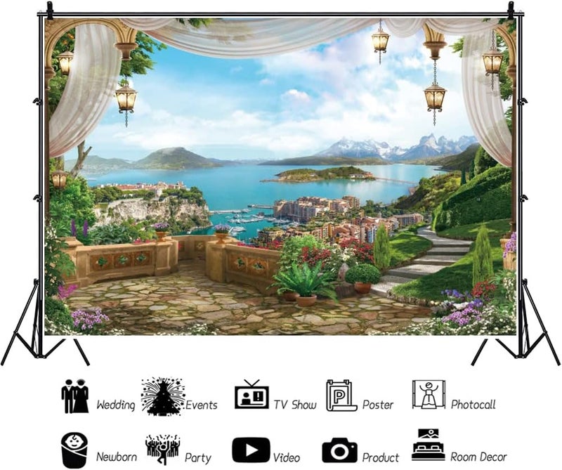 Laeacco Spring Garden Backdrop 7x5ft Vintage Window Summer Scenery Seaside Landscape Sea Town Mountain European Architecture Elegant Background Portrait Phtoshoot Banner Video Studio Props Vinyl - Image 3