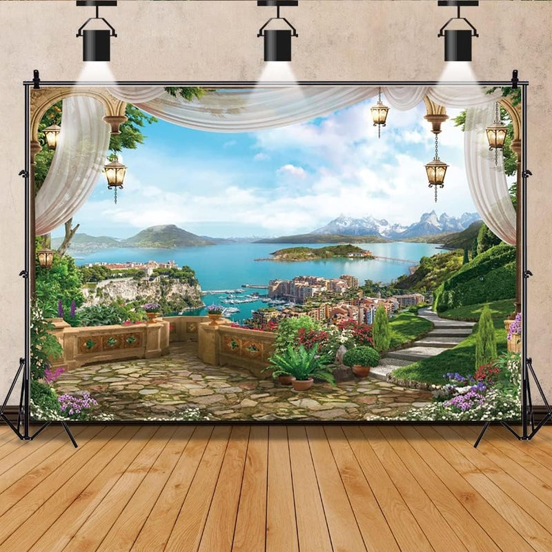 Laeacco Spring Garden Backdrop 7x5ft Vintage Window Summer Scenery Seaside Landscape Sea Town Mountain European Architecture Elegant Background Portrait Phtoshoot Banner Video Studio Props Vinyl - Image 5