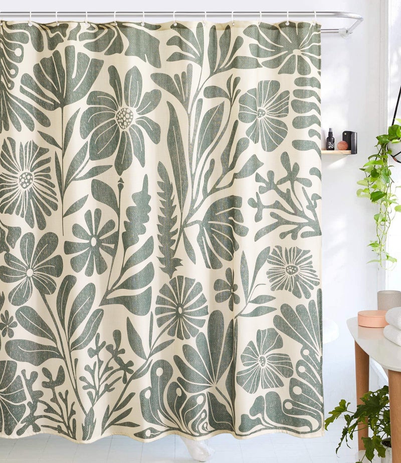 RoomTalks Vintage Floral Faux Linen Shower Curtain for Bathroom in Beige and Greenish - 210GSM Heavy Duty Modern Farmhouse Matisse Flowers Plants Botanical Shower Curtain Set Aesthetic Bathroom Decor - Image 2