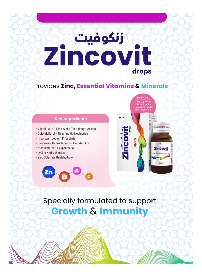APEX - Zincovit Drops 15 ml - Multivitamin and Mineral Supplement for Infants with Essential Vitamins A, C, D, E & Lysine for Healthy Growth & Development - Image 1