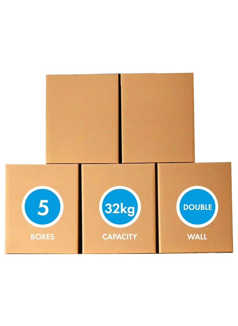 MARKQ [5 Pack] Large Double Wall 100% Recyclable Corrugated Cardboard Moving Boxes with 32 KG Capacity, 45 x 45 x 70 cm Brown Carton for Packaging, Shipping and Storage, 5 ply - Image 1