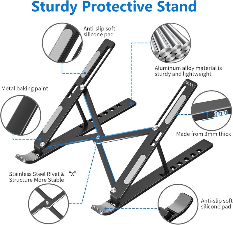 tuKZer (Imported Foldable Laptop Stand Riser for Laptop, MacBook, Notebook & Tablets up to 17 Inch, 7 Level Height Angle Adjustment, 2X Stronger M-Shape Aluminum Silicone Pads Air Ventilation-Black - Image 4