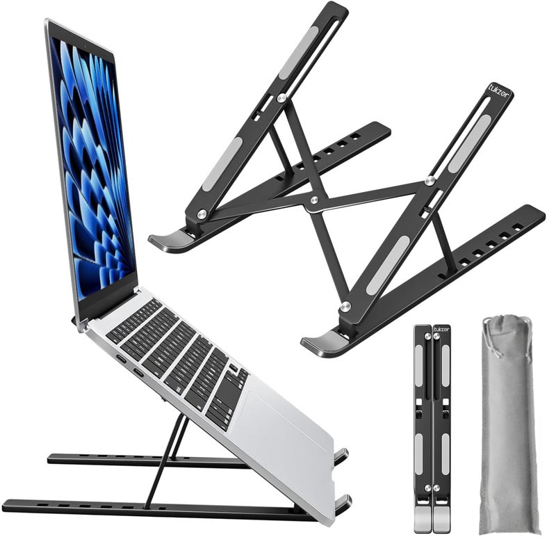 tuKZer (Imported Foldable Laptop Stand Riser for Laptop, MacBook, Notebook & Tablets up to 17 Inch, 7 Level Height Angle Adjustment, 2X Stronger M-Shape Aluminum Silicone Pads Air Ventilation-Black - Image 1