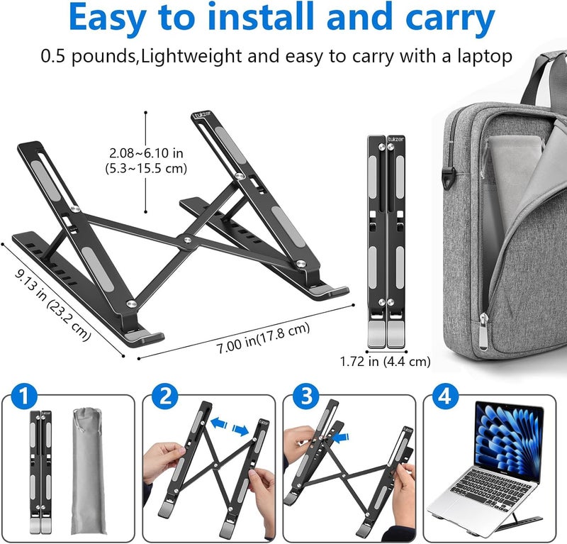tuKZer (Imported Foldable Laptop Stand Riser for Laptop, MacBook, Notebook & Tablets up to 17 Inch, 7 Level Height Angle Adjustment, 2X Stronger M-Shape Aluminum Silicone Pads Air Ventilation-Black - Image 2