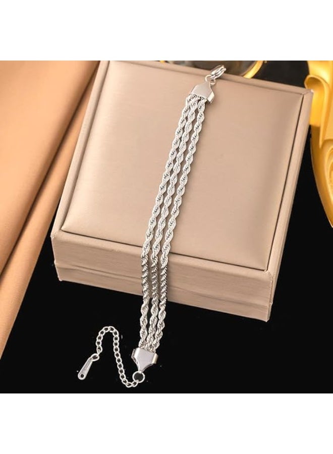 م اكس م طقم أساور من الذهب والفضة للنساء مجوهرات، سوار من 3 طبقات بسلسلة حبل ملتوية، هدية مجوهرات عصرية للنساء (فضي) - Image 1