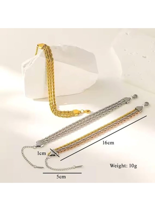 م اكس م طقم أساور من الذهب والفضة للنساء مجوهرات، سوار من 3 طبقات بسلسلة حبل ملتوية، هدية مجوهرات عصرية للنساء (فضي) - Image 4