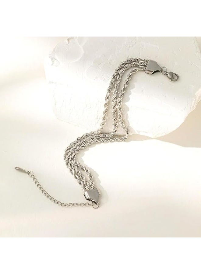 م اكس م طقم أساور من الذهب والفضة للنساء مجوهرات، سوار من 3 طبقات بسلسلة حبل ملتوية، هدية مجوهرات عصرية للنساء (فضي) - Image 2