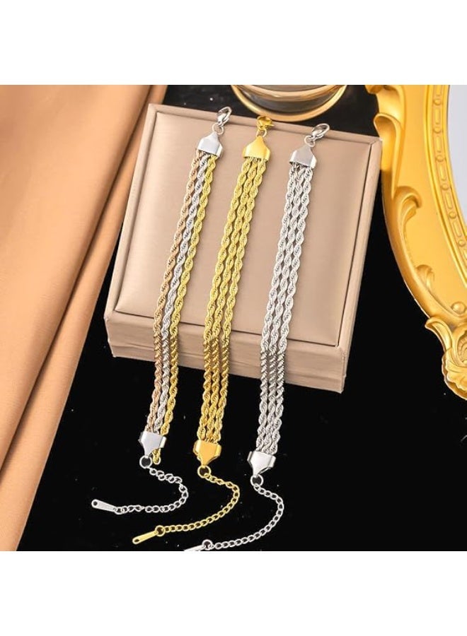 م اكس م طقم أساور من الذهب والفضة للنساء مجوهرات، سوار من 3 طبقات بسلسلة حبل ملتوية، هدية مجوهرات عصرية للنساء (فضي) - Image 3