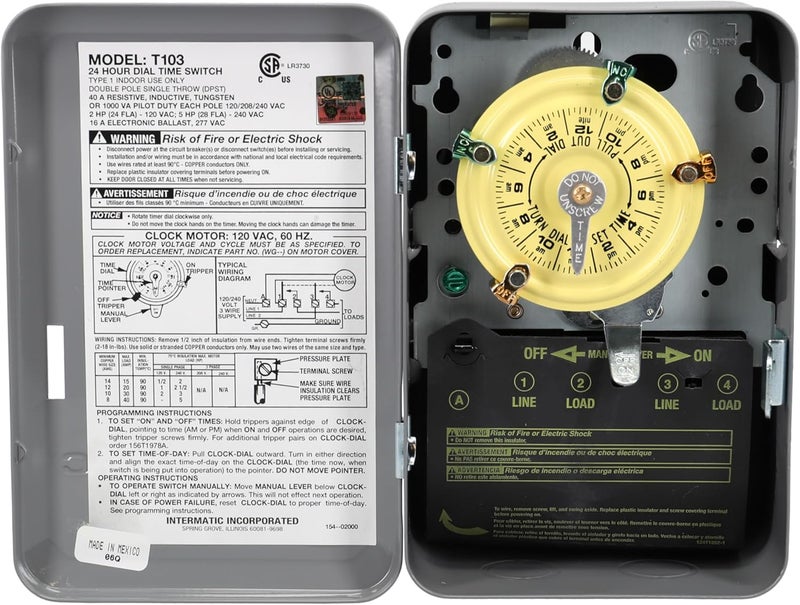 Intermatic T103 24-Hour Mechanical Timer Switch - 120V DPST, Indoor Metal Enclosure, Heavy-Duty Programmable Time Switch - 40A Load Control for Pumps, Lighting, HVAC, and Fans - Image 2