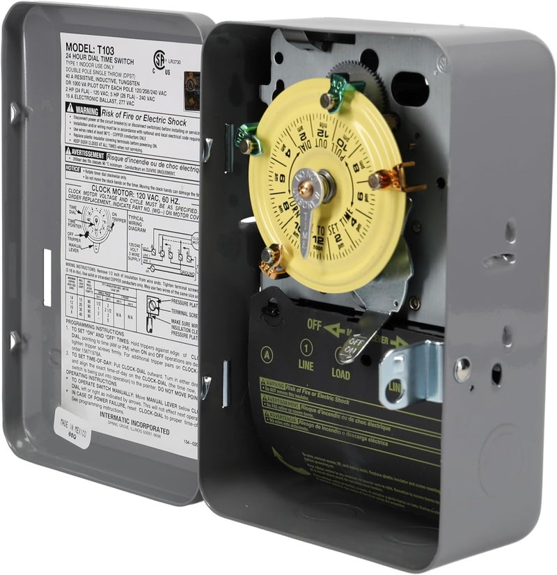 Intermatic T103 24-Hour Mechanical Timer Switch - 120V DPST, Indoor Metal Enclosure, Heavy-Duty Programmable Time Switch - 40A Load Control for Pumps, Lighting, HVAC, and Fans - Image 3