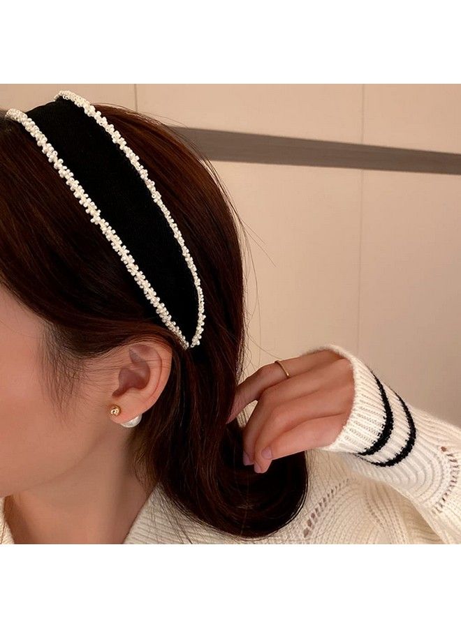 Wiwpar Wide Beaded Headband Simple Beads Headpiece Beaded Hair Hoop Elastic Hair Band Black For Women And Girls - Image 3