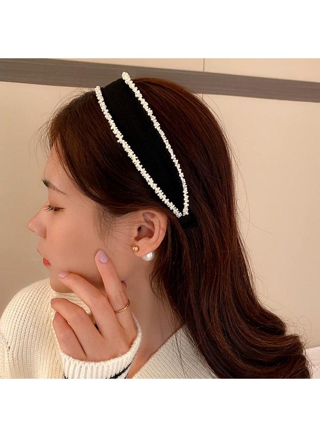Wiwpar Wide Beaded Headband Simple Beads Headpiece Beaded Hair Hoop Elastic Hair Band Black For Women And Girls - Image 4
