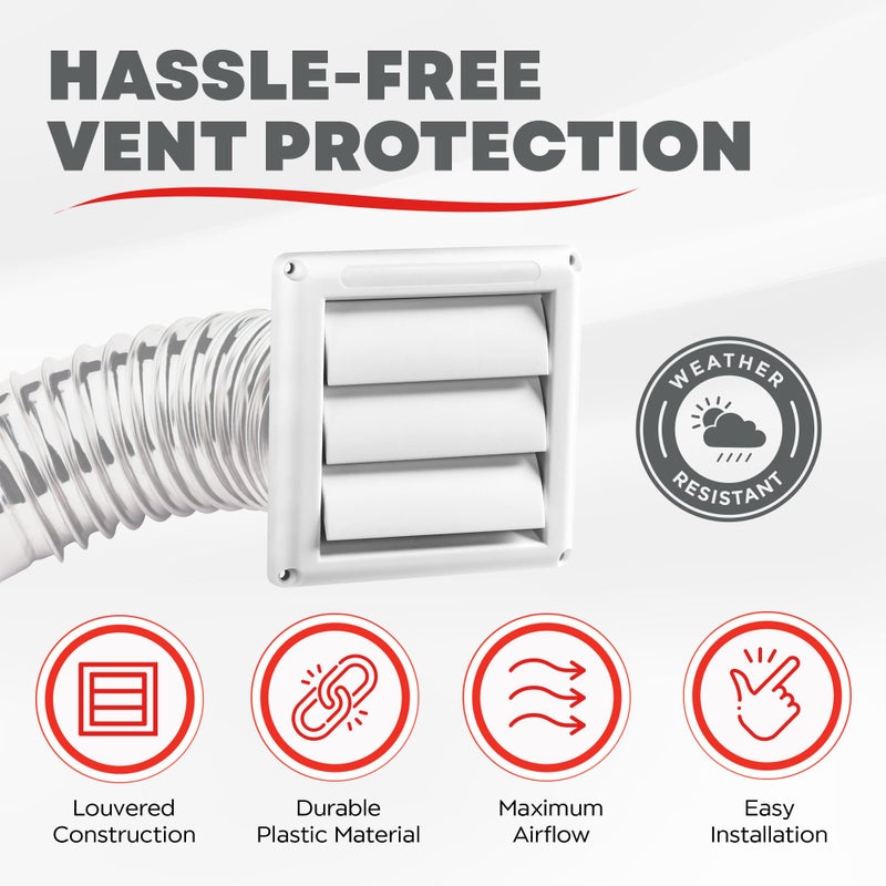 Deflecto غطاء فتحة تهوية خارجي مقاوم للعوامل الجوية من ديفليكتو سوبر-فينت مع مصاريع بلاستيكية لفتحة مجفف بقطر 4 بوصة، حماية من الأشعة فوق البنفسجية لأقصى كفاءة في تدفق الهواء وطول العمر | حجم 6 بوصة × 6 بوصة | أبيض - Image 2