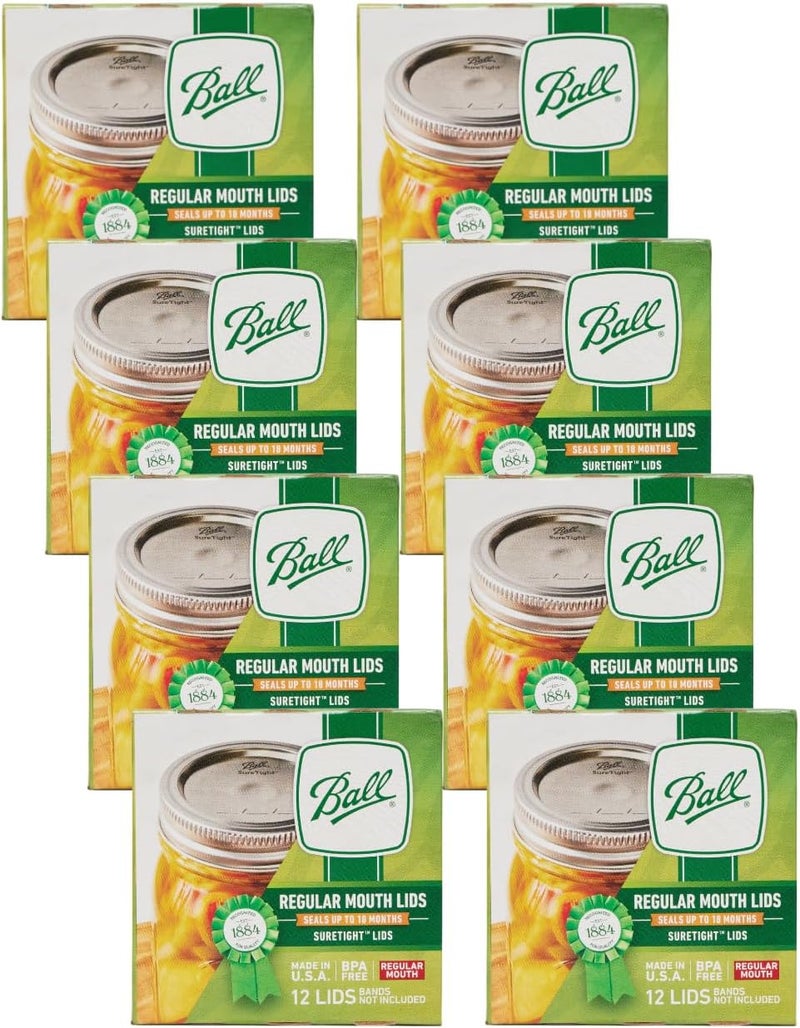 Ball Regular Mouth Lids for Glass Mason Jars, Used for Canning, Pickling, Juice, Jam, Jelly 12-Count, Pack of 8 (96-Lids Total) - Image 1