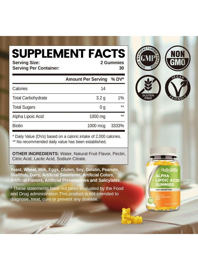 HOLLEGEND Alpha Lipoic Acid Gummies 1000Mg with Biotin, High Absorption Chewable ALA Supplement for Antioxidant, Brain Health and Nerve Support, Pineapple Flavor, Sugar Free, 60 Chews - Image 2