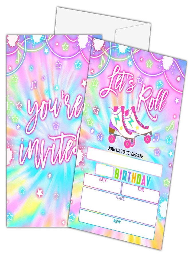 Zmyollo Let's Roll Birthday Invitations with Envelopes - 20PCS Tie Dye Roller Skating Birthday Party Invitations for Boys and Girls - Kids Birthday Party Supplies Decorations -04 - Image 1