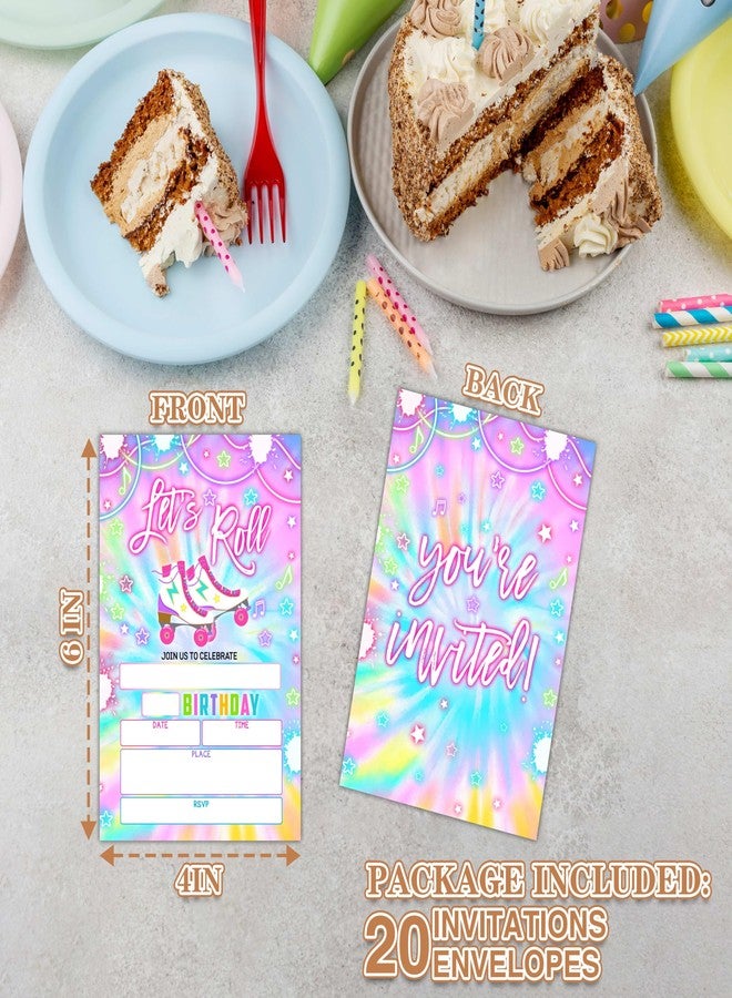 Zmyollo Let's Roll Birthday Invitations with Envelopes - 20PCS Tie Dye Roller Skating Birthday Party Invitations for Boys and Girls - Kids Birthday Party Supplies Decorations -04 - Image 4
