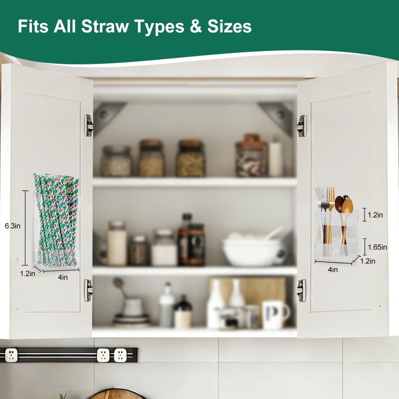 BERBAM 2 PACK Small Acrylic Straw Holder for Cabinet Doorsï¼ŒStraw Organizer Storage with Most Sizesï¼ŒMulti-Function Kitchen Accessories Container with Adhesive Round Pads(Transparent) - Image 2