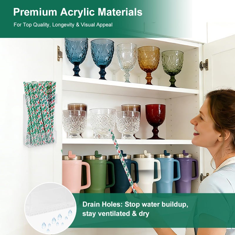 BERBAM 2 PACK Small Acrylic Straw Holder for Cabinet Doorsï¼ŒStraw Organizer Storage with Most Sizesï¼ŒMulti-Function Kitchen Accessories Container with Adhesive Round Pads(Transparent) - Image 3