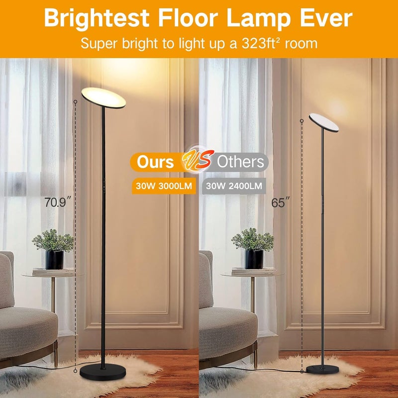 OUTON 30W 3000LM LED Uplighter Floor Lamp, Super Bright Dimmable Tall Standing Lamp with 4 Colour Temperatures, Remote & Touch Control, 1 Hour Timer for Living Room Bedroom Office, Black - Image 5