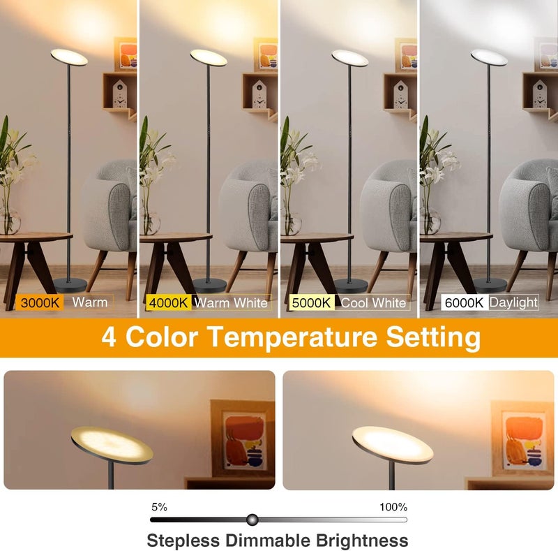 OUTON 30W 3000LM LED Uplighter Floor Lamp, Super Bright Dimmable Tall Standing Lamp with 4 Colour Temperatures, Remote & Touch Control, 1 Hour Timer for Living Room Bedroom Office, Black - Image 2