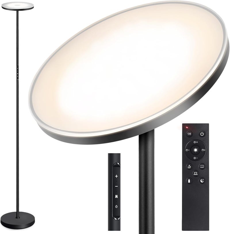 OUTON 30W 3000LM LED Uplighter Floor Lamp, Super Bright Dimmable Tall Standing Lamp with 4 Colour Temperatures, Remote & Touch Control, 1 Hour Timer for Living Room Bedroom Office, Black - Image 1