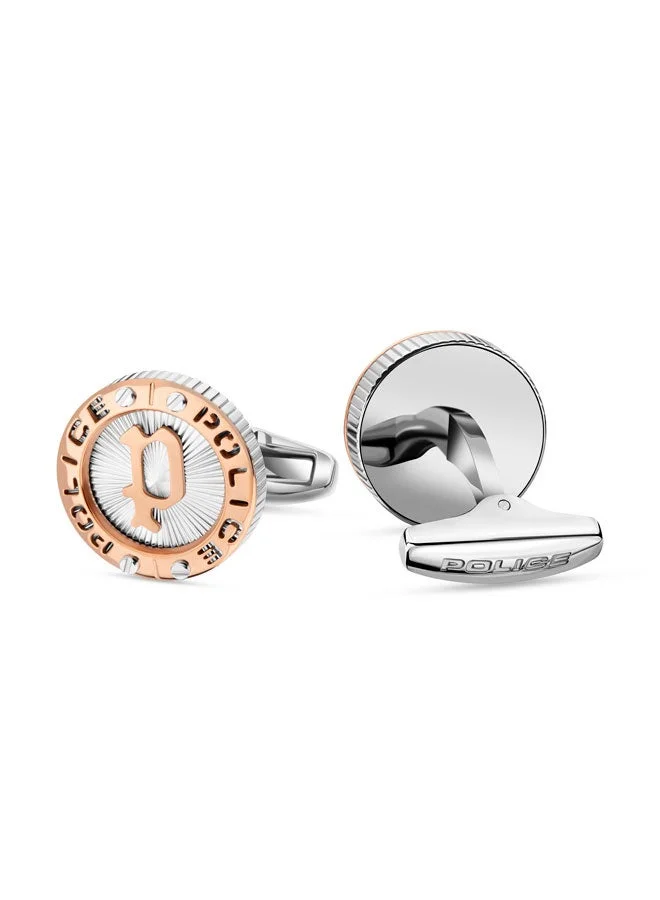 POLICE Ray Silver Rose Gold Stainless Steel Round Cufflinks for Men