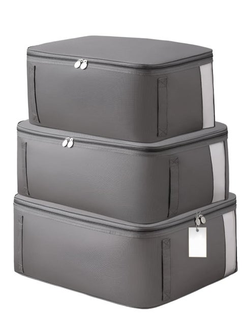 3 Pack Clothing Storage Bag, Oxford Fabric Clothes Organizer, Underbed Blanket Storage Containers, Non-Woven Collapsible Storage Bin, Clothes Storage with Sturdy Zipper, Clear Window