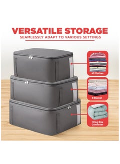 XiuWoo 3 Pack Clothing Storage Bag, Oxford Fabric Clothes Organizer, Underbed Blanket Storage Containers, Non-Woven Collapsible Storage Bin, Clothes Storage with Sturdy Zipper, Clear Window  - Image 4