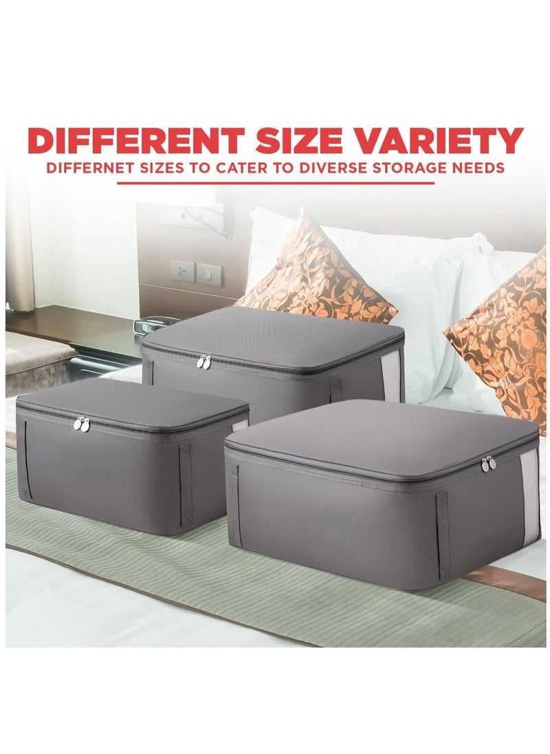 3 Pack Clothing Storage Bag, Oxford Fabric Clothes Organizer, Underbed Blanket Storage Containers, Non-Woven Collapsible Storage Bin, Clothes Storage with Sturdy Zipper, Clear Window